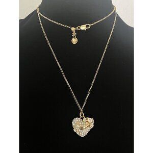 2006-09 Y2k Juicy Couture gold tone pave puff heart necklace white flowers 17"